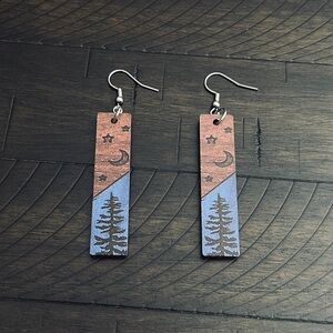 Pine Tree Star and Moon Drop Earrings - Blue, Black and Brown